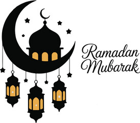 Celebratory black and white Ramadan Kareem message featuring a mosque and stylized stars
