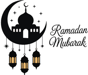 Black of mosque with crescent moon and star white with ramadan kareem text with Islamic and Faith and Worship Silhouette vector on whit Background
