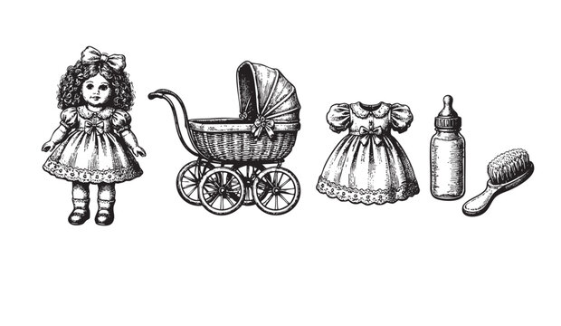 A charming ink illustration showcases a vintage baby doll, pram, dress, bottle, and brush, evoking nostalgia and classic childhood themes.