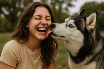 Young woman closing eyes laughing as husky dog gives a kiss, showing genuine friendship and emotional connection outdoors