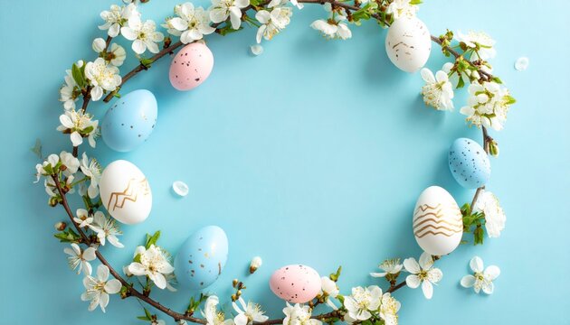 Top view of a circular wreath made of white spring blossoms and pastel painted easter eggs on a bright blue background with copy space. Concept of spring holiday celebration - Powered by Adobe