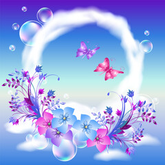 Сloud circle with flying butterflies and soap bubbles. Round frame of clouds in a blue sky and bouquets of flowers.