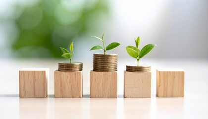 Conceptual image of financial growth showing plants growing out of stacks of coins on wooden blocks
