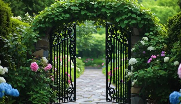 Ornate black wrought iron garden gate with decorative scrollwork and spear finials
