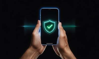 Hands holding smartphone with glowing security shield icon on screen.