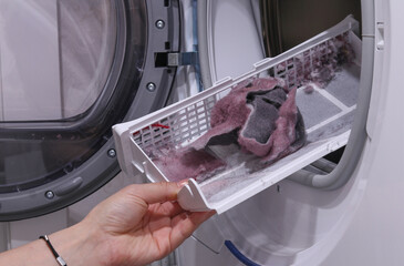 close up female hand taking lint out from dirty air filter of dryer machine after drying. cleaning Dirty filter. hair, wool from the filter in hand. Front Load Tumble Laundry electric Dryer Machine.