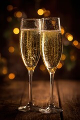 Two champagne glasses in a toast with clinking rims and warm bokeh