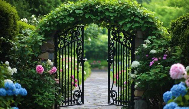 Ornate black wrought iron garden gate with decorative scrollwork and spear finials
