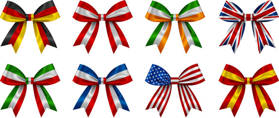 set of decorative bows ribbons with nations flags colors