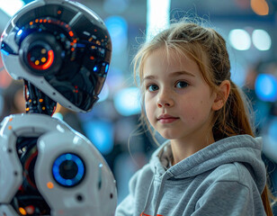 Child learns coding concepts using an interactive robot companion, developing future technology skills playfully.