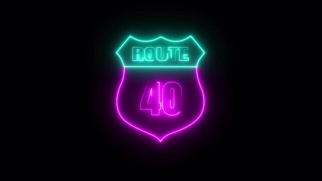 Glowing neon Route 40 text icon ,Route 40 shape symbol burning Loop. who will be used for road glowing against a black background ROUTE 40 .4k video motion graphic animation.