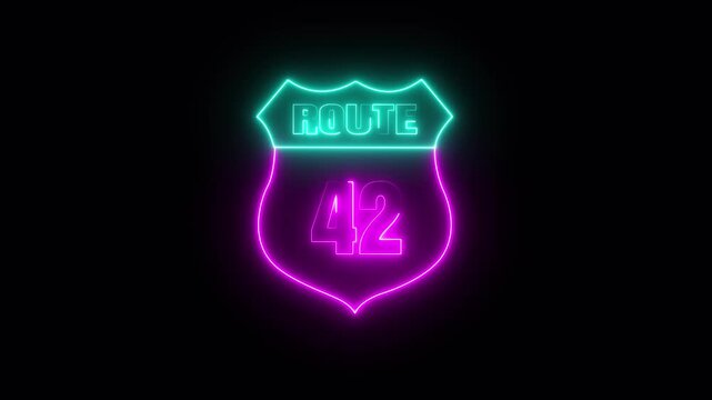 Glowing neon Route 42 text icon ,Route 42 shape symbol burning Loop. who will be used for road glowing against a black background ROUTE 42 .4k video motion graphic animation.