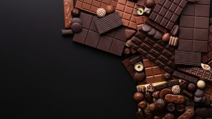 Assorted chocolate bars and candies on dark background