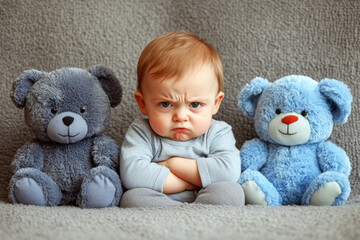 Baby with a frowning expression sits between two stuffed bears