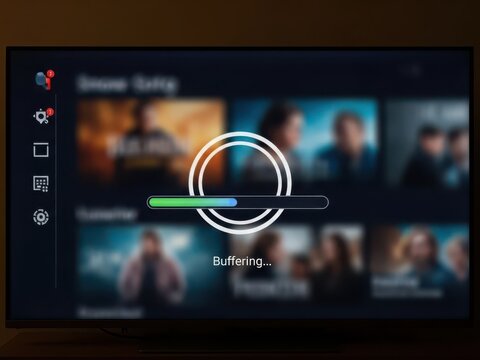 A buffering video stream interrupts the viewing experience on a smart television screen