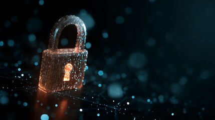 Glowing digital padlock illustration against a dark backdrop with networked lines and bokeh dots