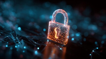 Glowing digital padlock surrounded by interconnected data points, representing cybersecurity