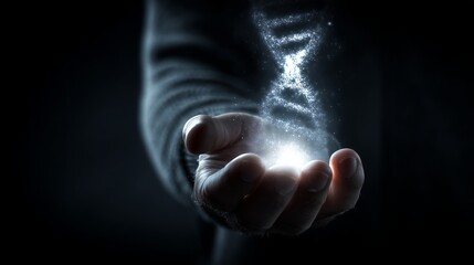 Clean, dark, moody atmosphere with a clean, single, harsh light on a focused hand holding a glowing, simple image of a DNA helix (high contrast genetic focus)