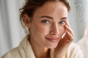 Soft-lit morning skincare moment with ice pressed to the cheek