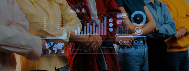 A diverse group of individuals standing together, representing teamwork and collaboration, enhanced by digital data visuals depicting business growth and innovation. Scalp