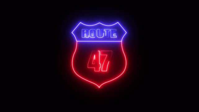 Glowing neon Route 47 text icon ,Route 47 shape symbol burning Loop. who will be used for road glowing against a black background ROUTE 47 .4k video motion graphic animation.