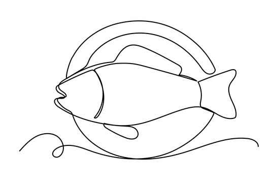 Line Art Fish Symbol. One Continuous Outline Drawn Contour Marine Animal. Underwater Mascot Sign. Healthy Fresh Diet Mediterranean Food Ingredient. Aquatic Wild Fish Sea Animal.