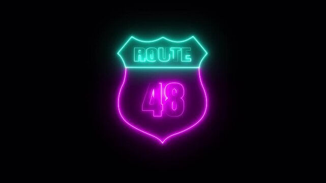 Glowing neon Route 48 text icon ,Route 48 shape symbol burning Loop. who will be used for road glowing against a black background ROUTE 48 .4k video motion graphic animation.