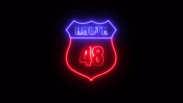 Glowing neon Route 48 text icon ,Route 48 shape symbol burning Loop. who will be used for road glowing against a black background ROUTE 48 .4k video motion graphic animation.