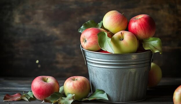 fresh apples in vintage metal bucket, red and green apples mix, weathered galvanized steel pail with handle

