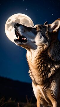 Majestic canine predator howling at the radiant full moon in a serene night sky landscape, displaying its teeth, fur and wild instincts.