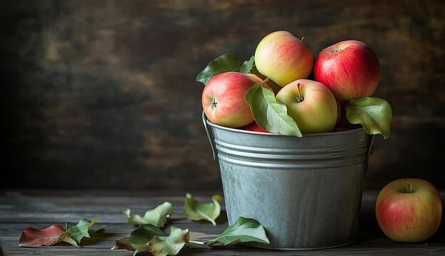 fresh apples in vintage metal bucket, red and green apples mix, weathered galvanized steel pail with handle

