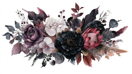 Elegant floral arrangement with dark and light blooms in a variety of textures.