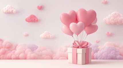 3D pink gift box with heart balloons floating on pastel cloud background