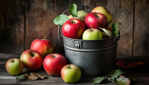 fresh apples in vintage metal bucket, red and green apples mix, weathered galvanized steel pail with handle
