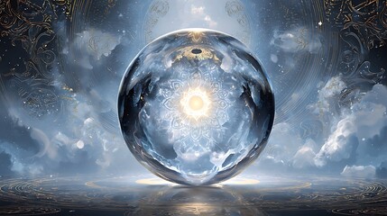 Glowing orb with celestial patterns, surrounded by clouds and gold accents, ethereal scene