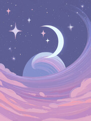 Fototapeta premium Dreamy Crescent Moon and Stars Abstract Night Background for Mental Health, Sleep Therapy, Wellness, and Relaxation Website Design