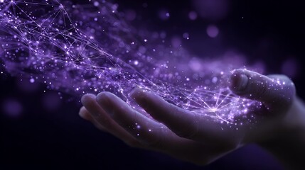 Glowing purple energy network streams into an open hand against a dark background