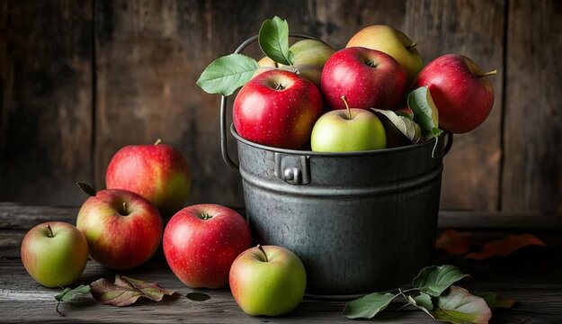 fresh apples in vintage metal bucket, red and green apples mix, weathered galvanized steel pail with handle

