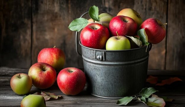 fresh apples in vintage metal bucket, red and green apples mix, weathered galvanized steel pail with handle
