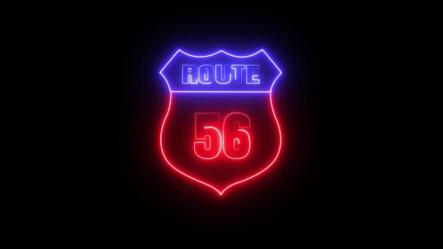 Glowing neon Route 56 text icon ,Route 56 shape symbol burning Loop. who will be used for road glowing against a black background ROUTE 56 .4k video motion graphic animation.