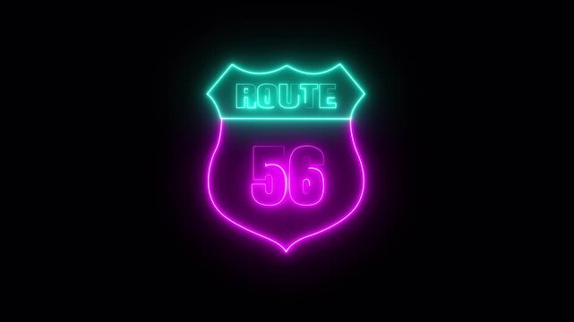 Glowing neon Route 56 text icon ,Route 56 shape symbol burning Loop. who will be used for road glowing against a black background ROUTE 56 .4k video motion graphic animation.