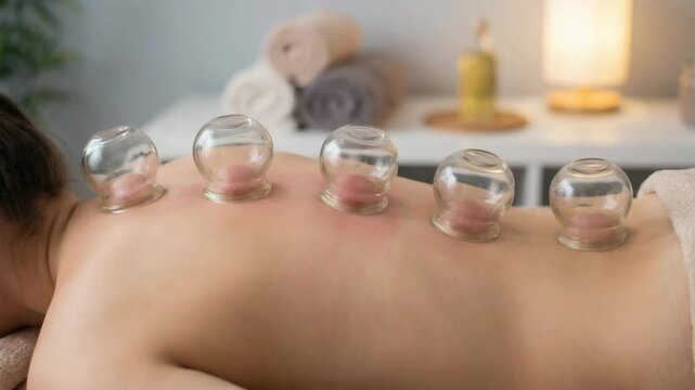 Relaxed adult woman with soothing mood receiving cupping therapy on her back against a warm spa interior background