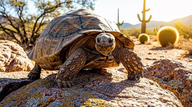 Desert Tortoise Walking on Sun-Warmed Rocks in Arizona