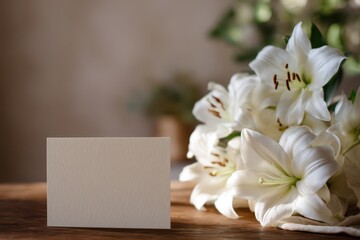 Serene funeral symbolism: white lily bouquet paired with a condolence card on a calm tabletop