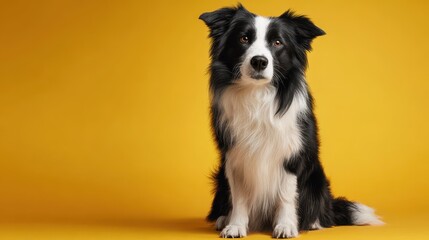 Studio portrait of a well-groomed Border Collie on a bright yellow background