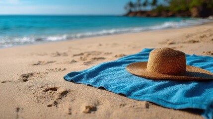 Relaxed beach scene: blue towel spread on warm sand under bright sky