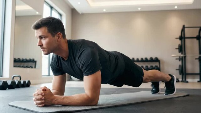 Focused athletic man with determined mood holding a plank exercise on a yoga mat against a modern gym interior background - Powered by Adobe