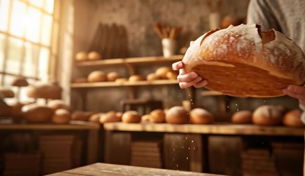 round artisan bread loaf with flour-dusted crust on wooden bakery table, rustic bakery interior in background with wooden shelves
