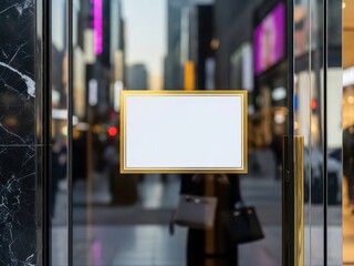 Blank gold-framed sign on a modern glass storefront door in a vibrant urban setting