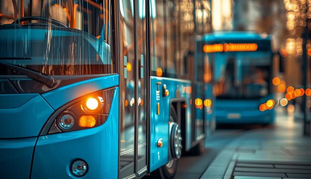 Modern blue city bus in sharp focus, front quarter view showing headlights and orange turn signals
